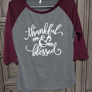Gray and Burgundy Thankful & Blessed Raglan Tee